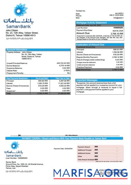 Printable Iran Saman Bank mortgage statement Word and PDF template